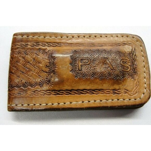 Leather Money Clip Textured Monogrammed "P.A.S." Credit Card Cash ID Holder - Picture 1 of 11